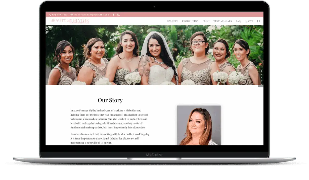 Smiling bridal party with green leafy background.