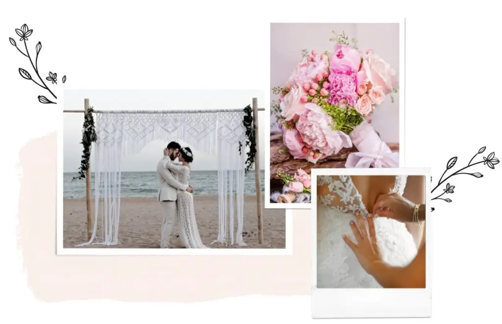 Beach wedding: couple, bouquet, dress details.