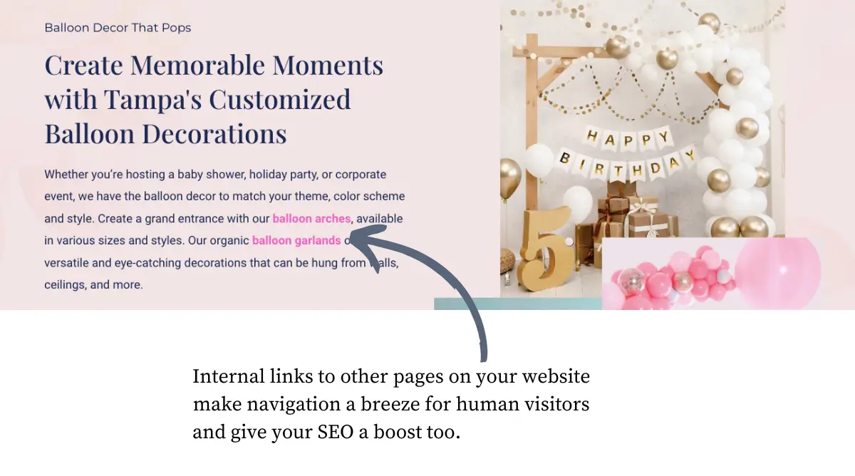 A party planner's website section highlighting the use of internal links