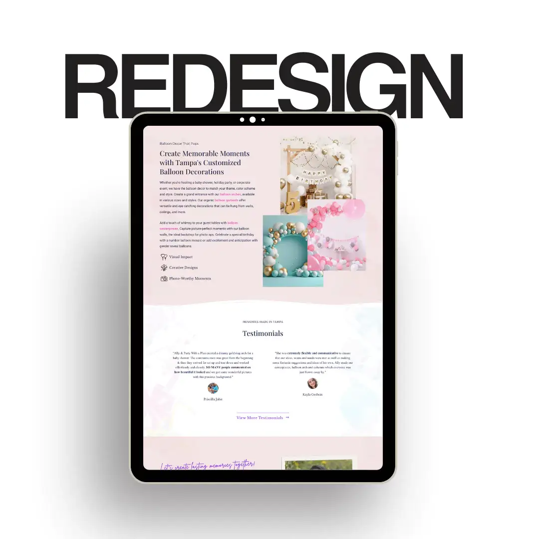 Tablet displaying redesigned balloon decoration webpage