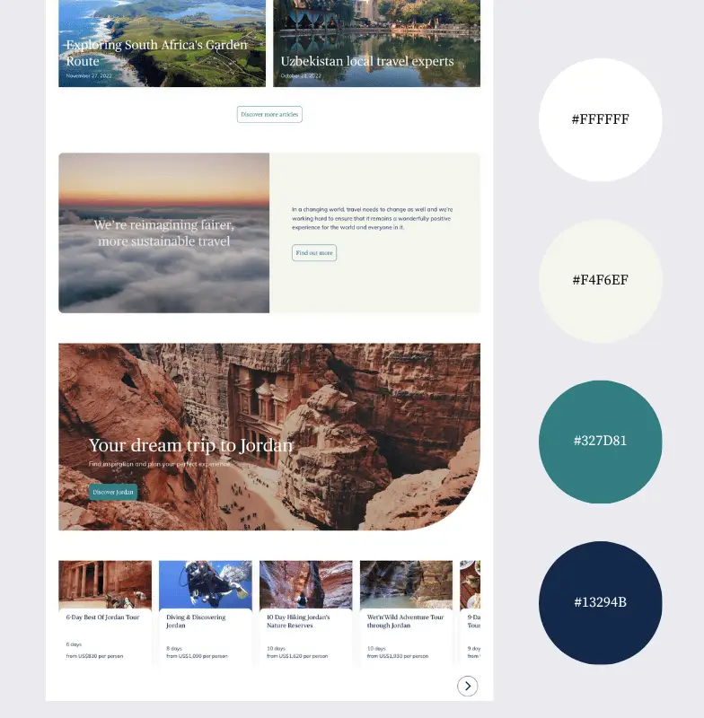 Travel website layout with color palette.