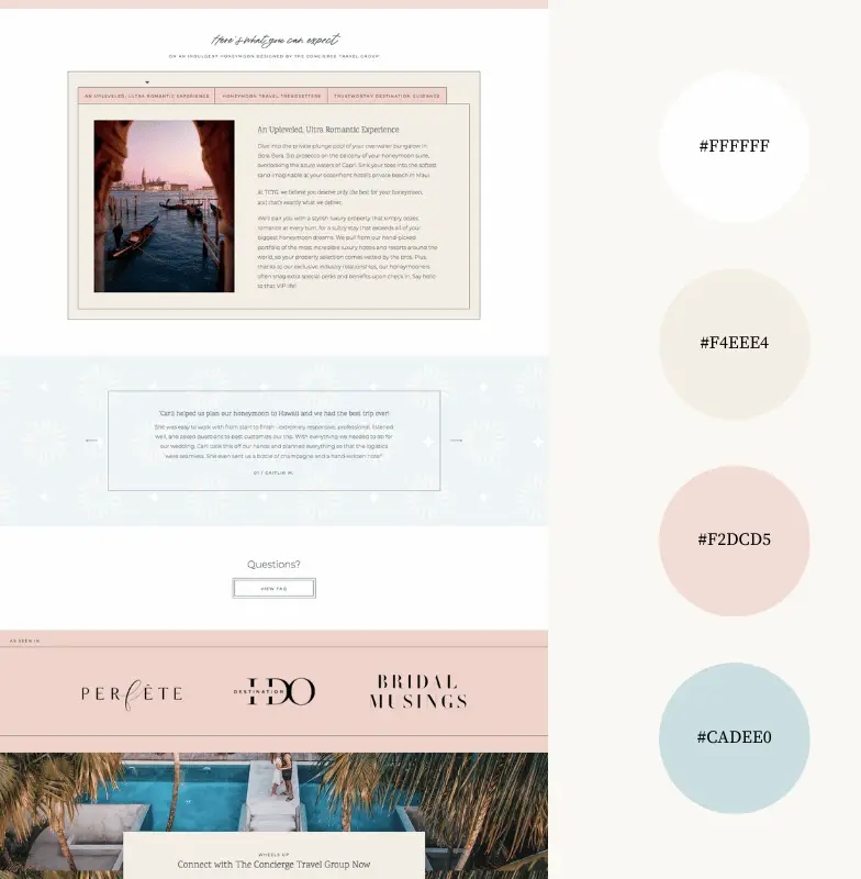 Travel and honeymoon planning website layout with color palette.