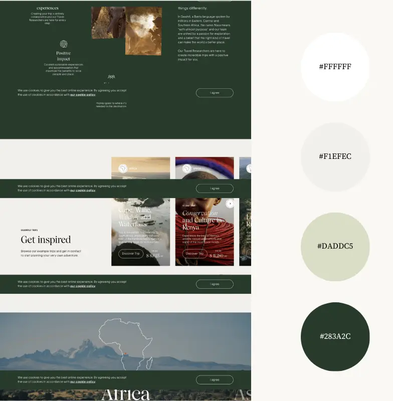 Travel website layout with color palette and design elements.