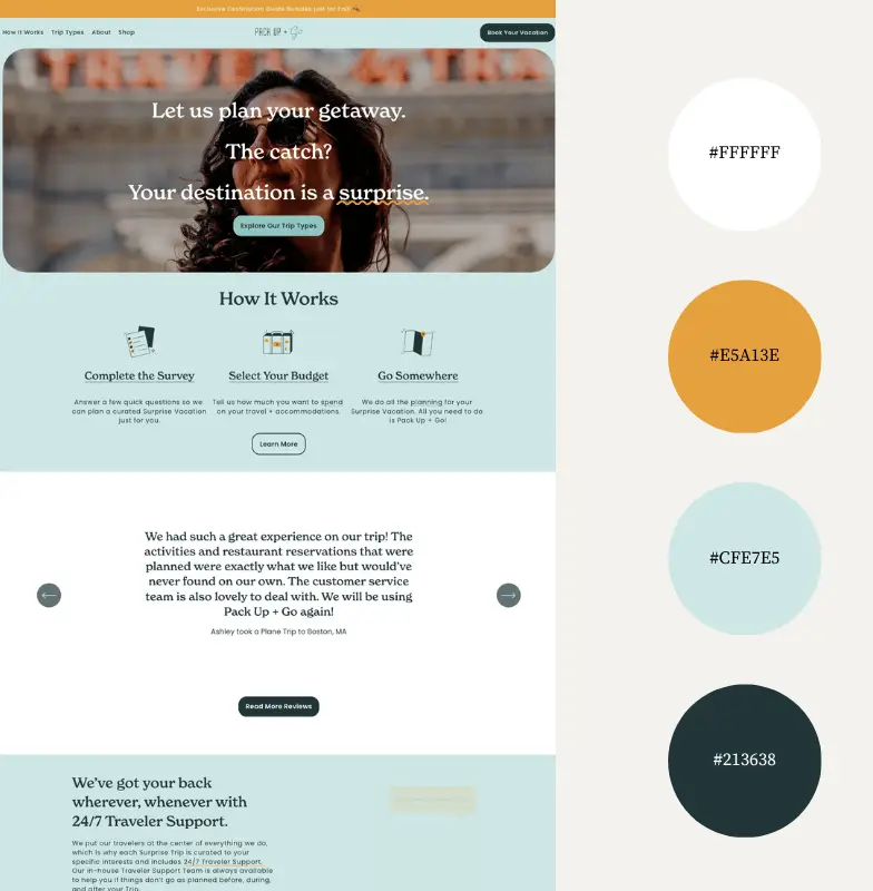 Surprise vacation planning website with color palette.
