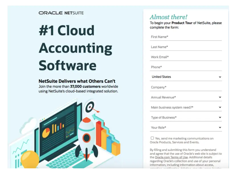 NetSuite cloud accounting software sign-up form.