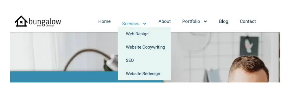 Bungalow web design services menu with dropdown options.