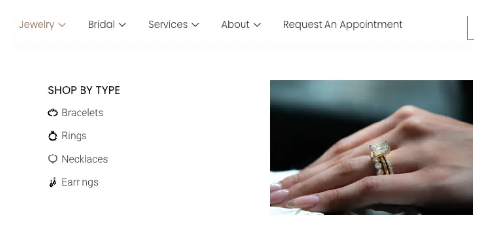 Graphic showing an e commerce page example for instance, under “Jewelry”, you might see sub-categories like 'Necklaces', 'Earrings', 'Bracelets', and 'Rings'. It's a clean, organized approach.