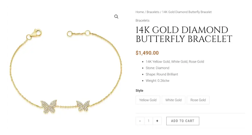 14K gold butterfly diamond bracelet on sale.