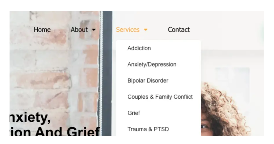 Mental health services menu on website.