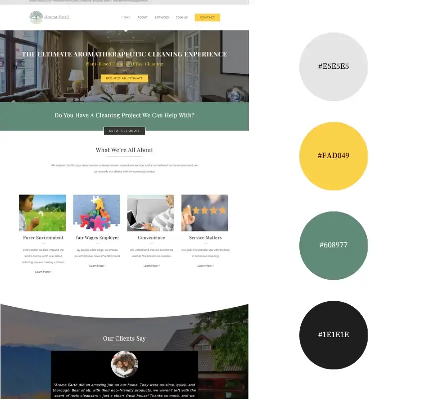Website design with color palette for cleaning service.