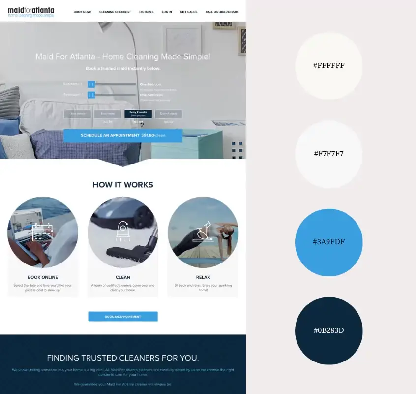 House cleaning service webpage design with color palette.