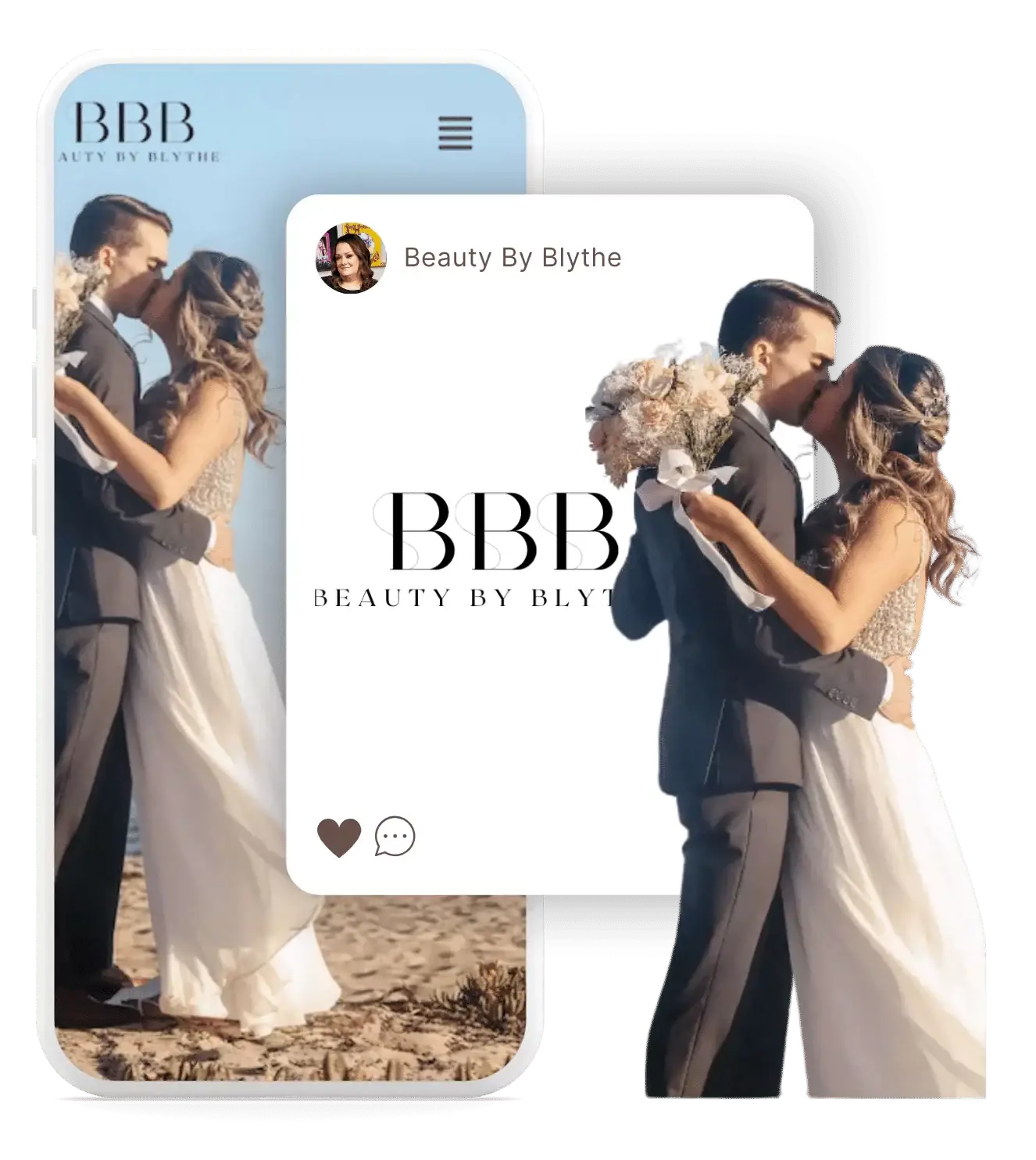 Wedding couple embracing, Beauty By Blythe logo