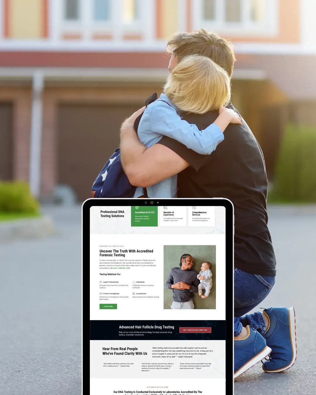 Father hugging child with DNA testing website overlay.