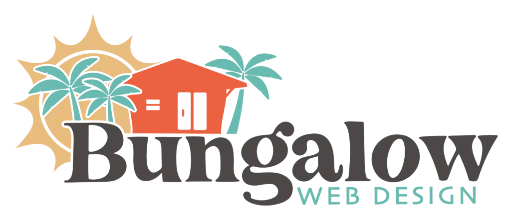 Bungalow Web Design logo with palm trees and sun.