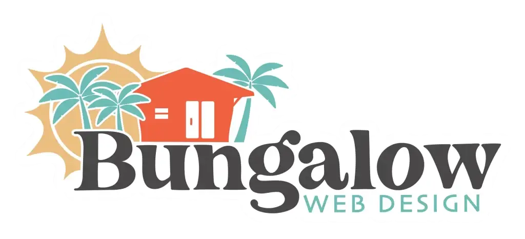 The primary logo for Bungalow Web Design located in Tampa, Florida, features a small orange house, a sun and palm trees.