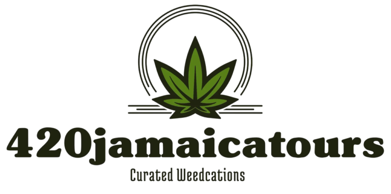 420jamaicatours logo of a leaf with the slogan, curated weedcations, a travel company based in Tampa.