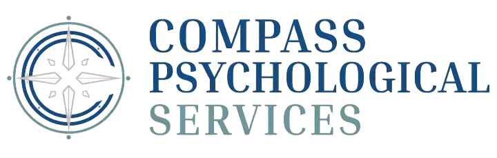 Logo for Compass Psychological Services, a clinical psychologist's office in downtown Tampa. The logo features a compass next to the name of the business.