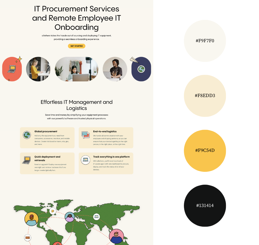 Allwhere homepage and color palette featuring sunny yellows and light neutral tones used in IT services website design