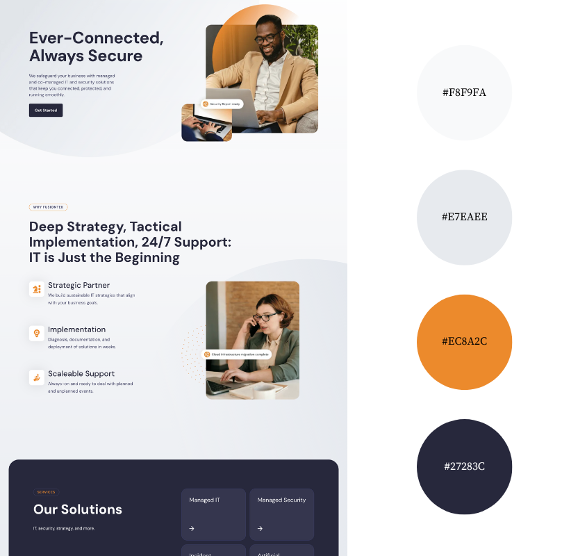 FusionTek homepage and color palette featuring a mix of grey, orange, and dark purple used in IT services website design