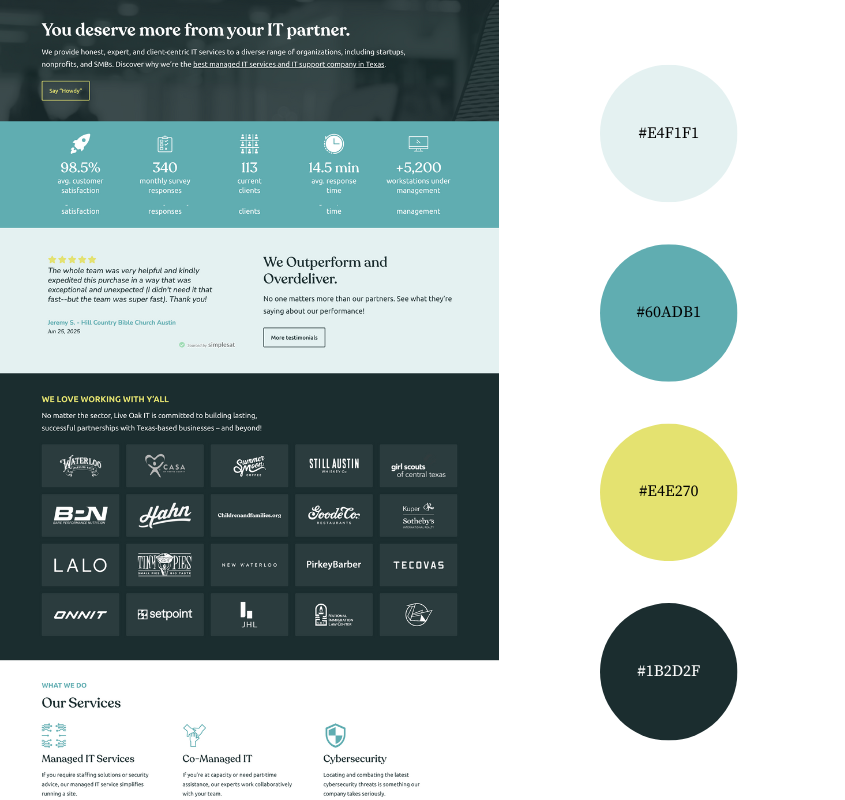 Live Oak IT Partners homepage and color palette featuring teal and soft yellow used in IT services website design