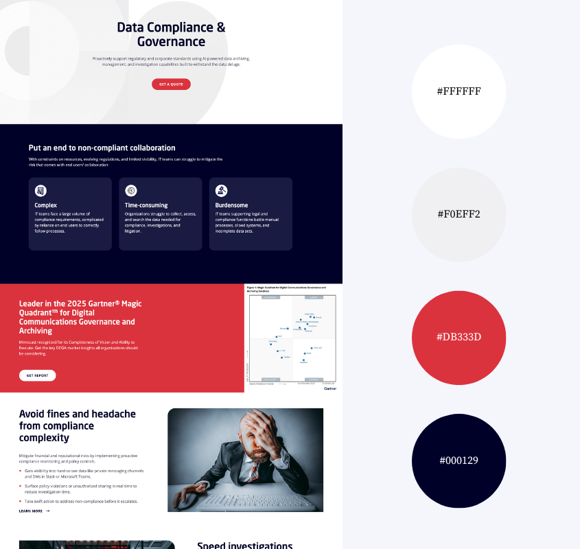Mimecast email security web page and color palette. A modern IT services website design with red, navy and light neutrals.
