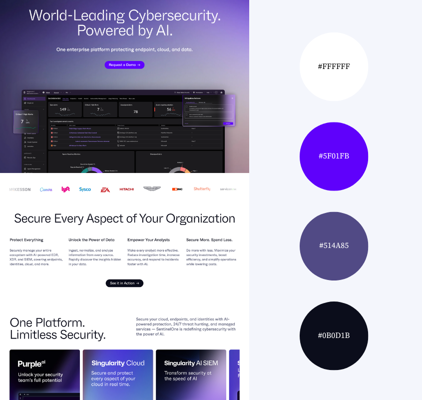 A web page for SentinelOne, a cybersecurity company next to their IT services website color palette of purples and black.