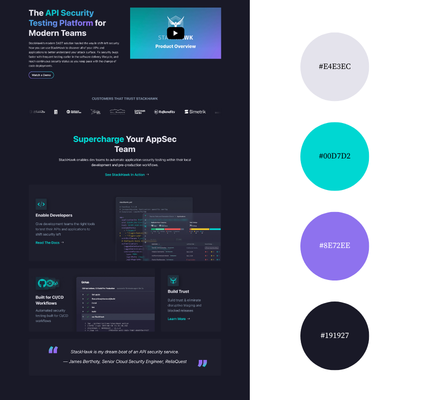 Stackhawk homepage and color palette – modern IT services website design with dark mode violet, turquoise and black.